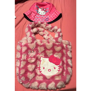 Hello Kitty Plush Heart Bag + Pink Polka Dot Sun Bucket Hat Kawaii Sanrio Used
